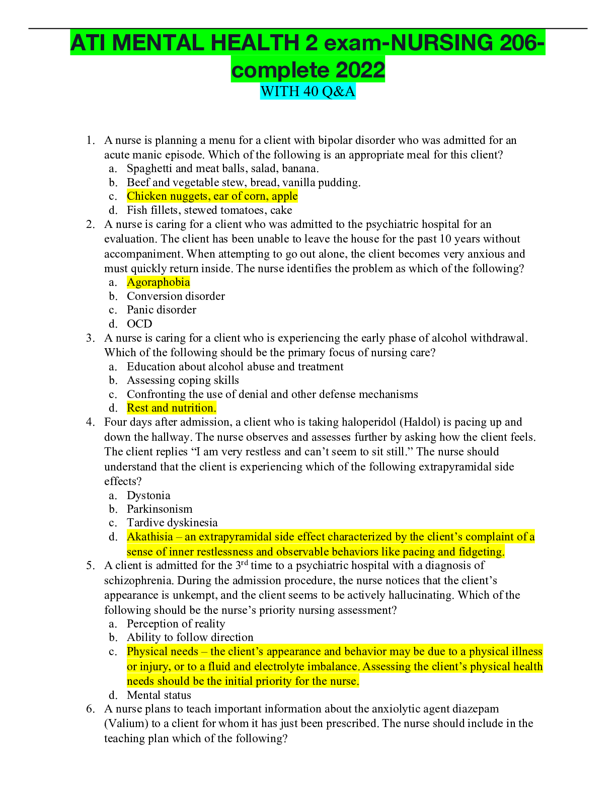 Preview of ATI MENTAL HEALTH 2 exam-NURSING 206-complete 2022